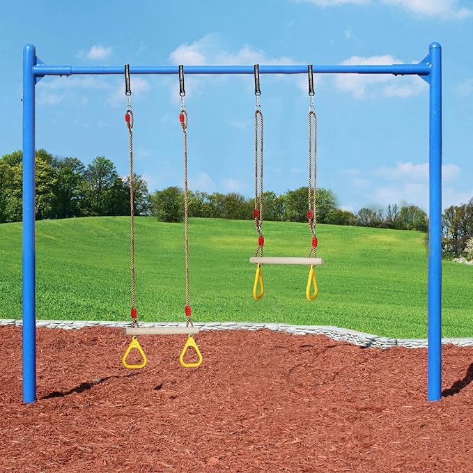 Trapeze Swing Bar with Rings, Wooden Trapeze Swing Bar with Plastic Gym Rings Adjustable Rope, Locking Straps, Outdoor Swing Set Playground Accessories for Kids (Yellow)