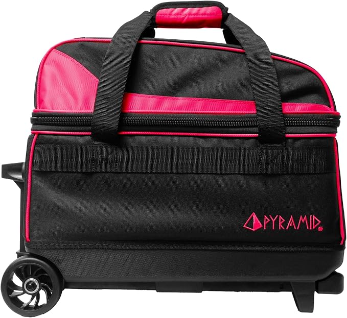 Pyramid Prime Double Roller 2 Ball Bowling Bag with Large Separate Compartment for Bowling Shoes (Up To US Mens Size 16) or Accessories, Locking Handle - Extends to 40"