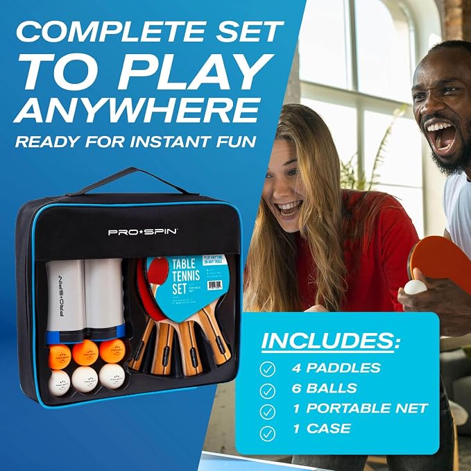 PRO-SPIN Portable Ping Pong Set with Retractable Ping Pong Net for Any Table, All-in-One Table Tennis Set with Ping Pong Paddles, Balls & Case, Table Top Family Game