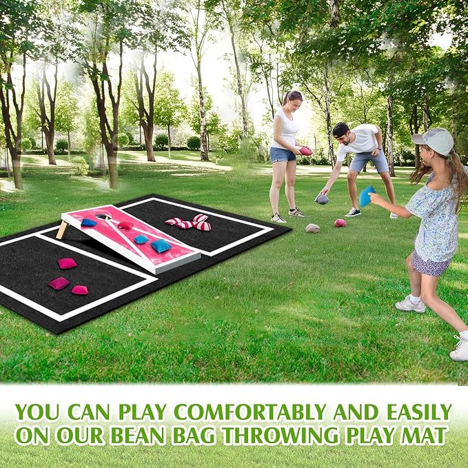 RoundFunny 2 Pcs Cornhole Mats Set 60x96 Professional Cornhole Pitch Pad, Range Finder Tool Set, Non-Slip Board Game Mats for Under Boards Keep Tossing Bags Clean and Secure Footing