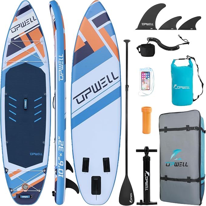 UPWELL 11’6”/11'2”/11'/10'8”/10'6”/10'2” Inflatable Stand Up Paddle Board with sup Accessories Including Backpack, Repairing Kits, Non-Slip Deck, Leash, 3 Fins, Paddle and Hand Pump