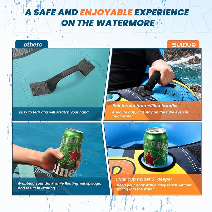 53" Heavy Duty River Tube With Premium Canvas Cover, Inflatable Water Tubes for Floating, Tubing Floats for Pool Lake, Rafts With 2 Cup Holders, 2 Grip Handles for Adults