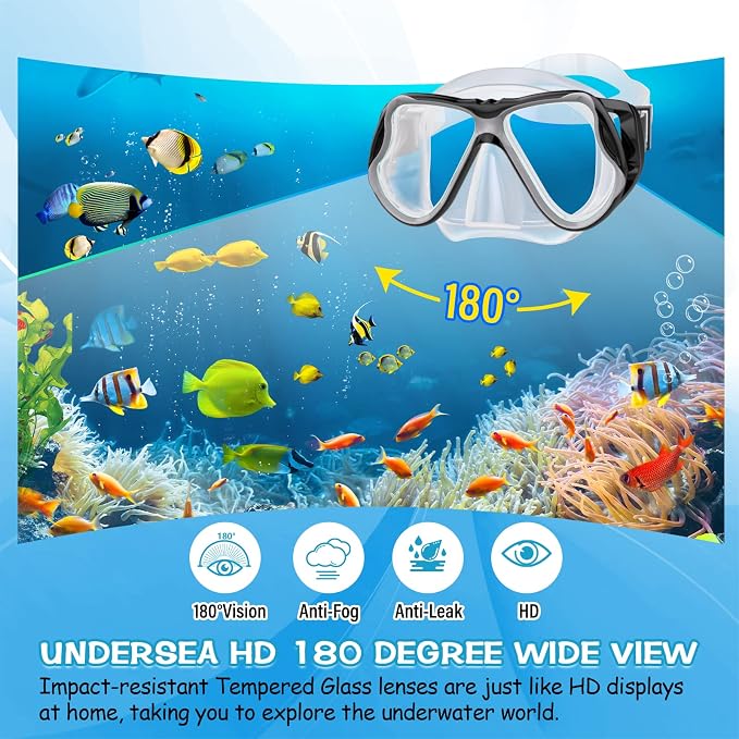 Greatever Dry Snorkel Set,Panoramic Wide View Anti-Fog Scuba Diving Mask,Professional Snorkeling Gear for Adults Kids