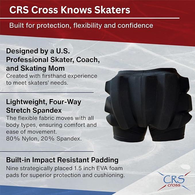 CRS Cross Extra Thick Padded Figure Skating Shorts. Double Thickness Crash Pad Pants for Roller, Inline, Ice Skating. Fall Impact Protection for Butt, Hips, and Tailbone (1.5 inch Thick Pads)