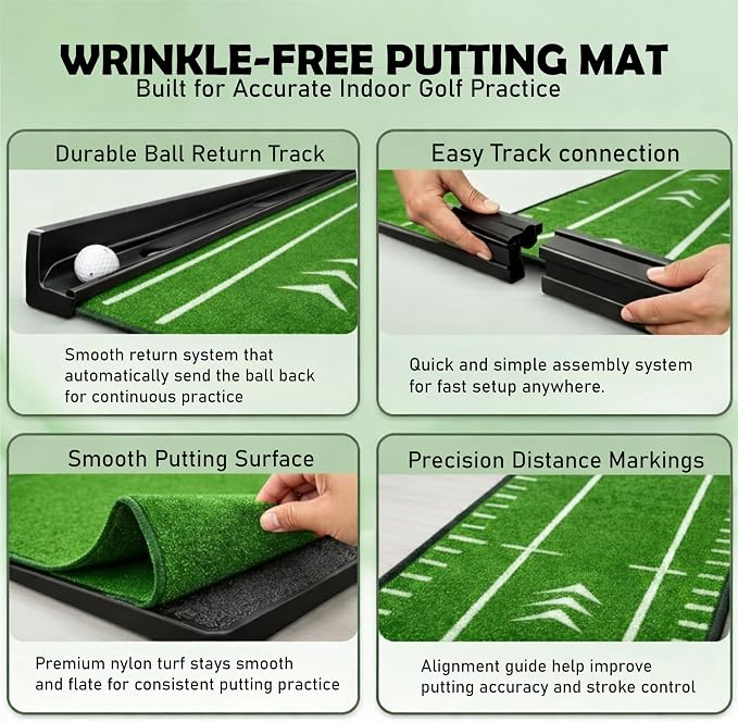Putting Green Indoor | Wrinkle-Free Golf Mat with Auto Ball Return | Non-Slip Surface & Alignment Markings for Accurate Putting Practice at Home, Office & Outdoors | Improve Stroke Control & Precision