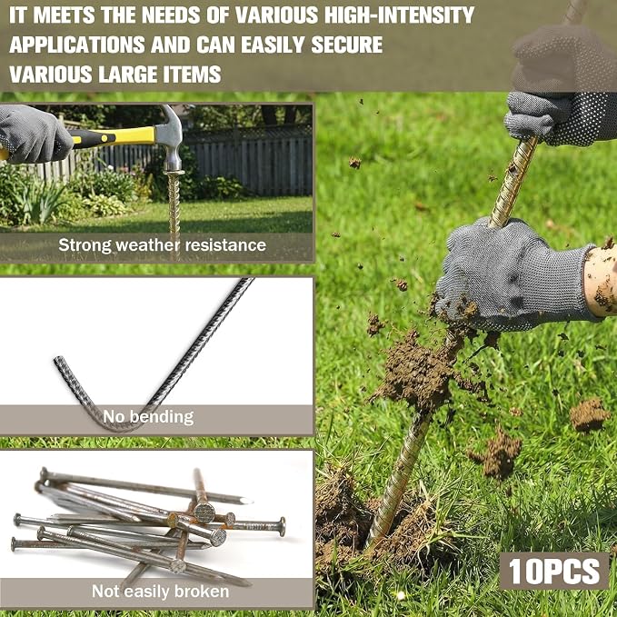 Pelopy 10 Pack 23 Inch Long Rebar Stakes 1/2 Inch Diameter Heavy Duty Galvanized Steel Ground Anchors with Chisel Point Ends Ground Stake for Speed Bumps Wheel Stop Tent Concrete Plant Support