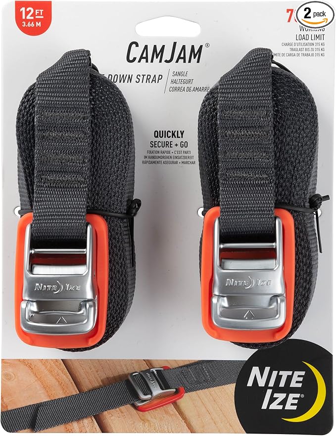 Nite Ize CamJam Tie Down Strap - Tie Down Ratchet Straps - Straps for Trucks & Cars - Tie Downs for Luggage & Gear - 12 ft Strap, Orange (Pack of 2)