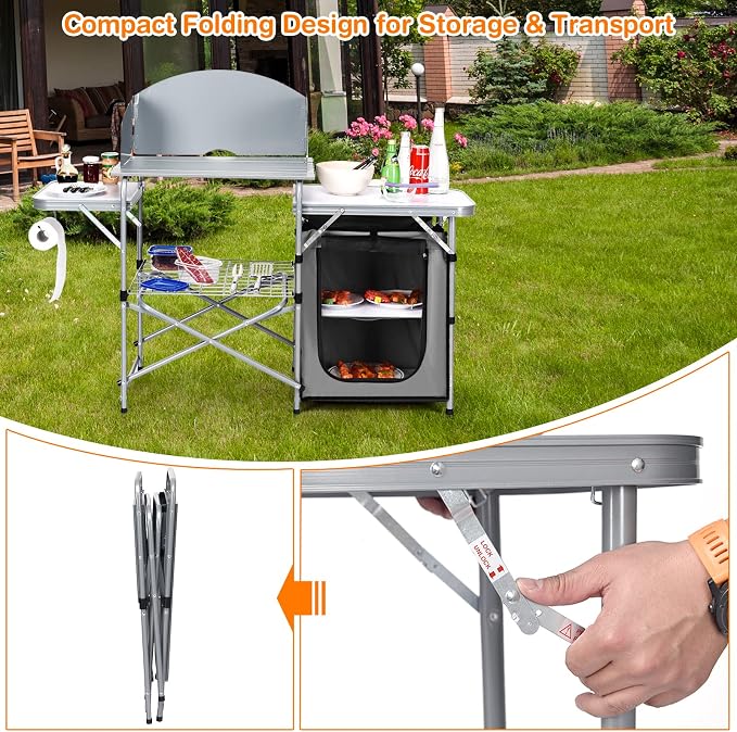 Tangkula Folding Camping Kitchen Table, Aluminum Portable Camping Grill Table with Windscreen, Cook Station, Outdoor Quick Set-up Camp Cook Table with Storage Organizer Shelves, Carry Bag