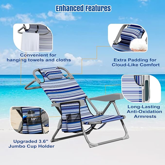 DIAMONDFORGE Lightweight Portable Beach Chair for Adults, 350 LBS Capacity Backpack Beach Chair, Reclining Beach Chair with 5-Position Lay Flat, Large Cup Holder for Beach Camping Sports, 1 Pack Blue
