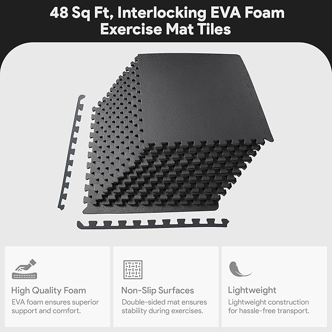 BalanceFrom Puzzle Exercise Mat 1/2" Thick, EVA Interlocking Foam Floor Tiles for Home Gym, Mat for Home Workout Equipment, Floor Padding for Kids, Black, 24 in x 24 in x 1/2 in, 48 Sq Ft - 12 Tiles