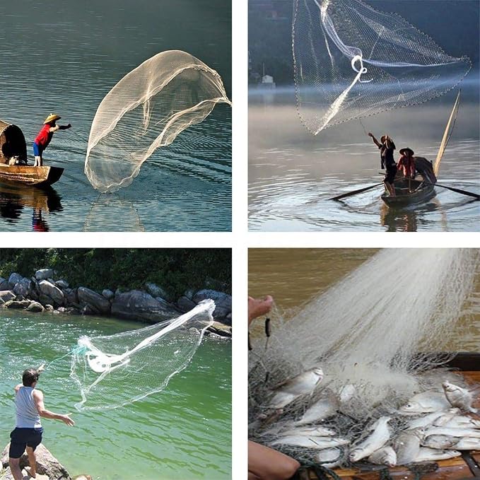 Yeahmart American Saltwater Fishing Cast Net for Bait Trap Fish 3ft/4ft/5ft/6ft/7ft/8ft/9ft/10ft Radius Freshwater Casting Nets with Heavy Duty Real Zinc Sinker Weights, 3/8inch Mesh Size