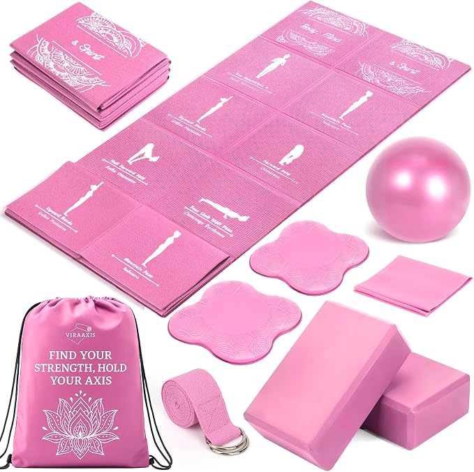 Foldable Yoga Mat and Blocks Set for Women with 2 Pack Yoga Blocks and Strap,Thin Non Slip Pilates Mat with Bag, Home Workout Equipment Essentials Starter Kit for Beginners Full Body Toning