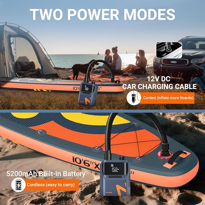 50PSI Electric Paddle Board Pump, 5200mah Dual Stage SUP Pump with 6 Nozzles Auto-Off Inflation/Deflation Air Pump for Inflatable Paddle Boards, Cars,Balls,Bicycles