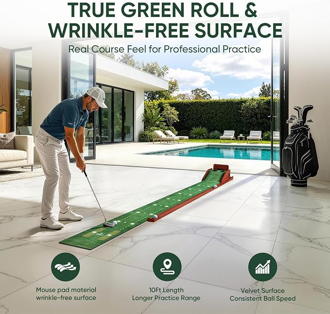 Golf Putting Green Indoor - Practice Uphill Putts, 3-Level Adjustable Incline, Auto Ball Return and Foldable Solid Wood Base, Golf Training Aid for Home, Office, Backyard - Golf Putting Mat