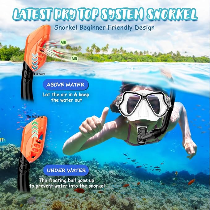 Snorkeling Gear for Kids, 4 in 1 Child Mask Fins Snorkel Set with Panoramic View Anti Fog Mask, Dry Top Snorkel, Trek Fins and Travel Bag, Kids Snorkeling Set with Fins for Snorkeling Swimming