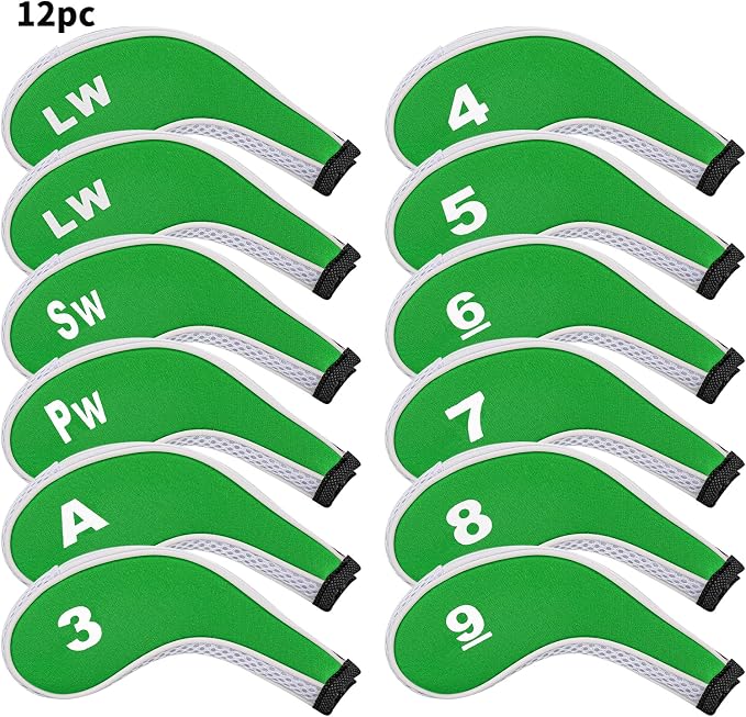 Golf Club 12pcs Thick Synthetic Zipper Long Neck Set Headcover Fit The Most Brands, Side Number Golf Iron Club Head Cover LW SW PW Covers #3,4,5,6,7,8,9