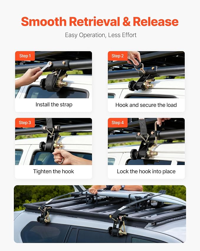 VEVOR Ladder Rack Ratchet Straps, 2'' Black Round Tube Mount, 1.5'' Wide x 7.5' Long Black Ladder Rack Straps with Double J-Hooks, 500 lbs Load Heavy Duty, Cargo Buckle Lock Strap (2 Pack)