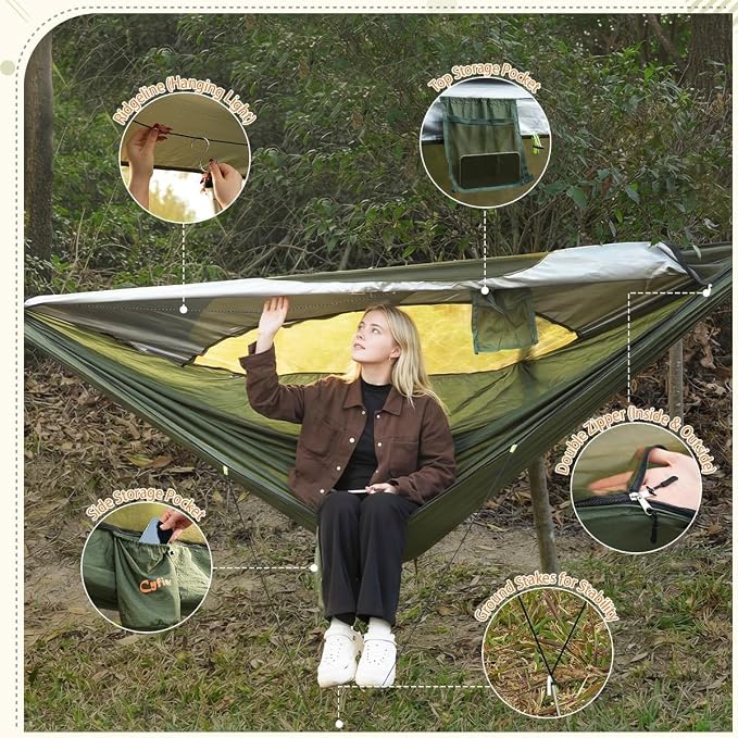 CYFIE Camping Hammock with Net, 440 lbs Portable Hammock with Tree Straps and D-Shape Carabiners, Parachute Nylon Hammock for Outsides Backpacking Hiking Beach Patio