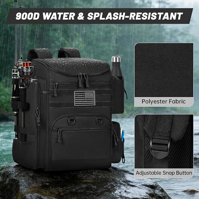 40L Fishing Backpack Water Resistant Fishing Tackle Bag with 2 Rod Holders, Tackle Storage Bag for Anglers(Black,Bag Only)