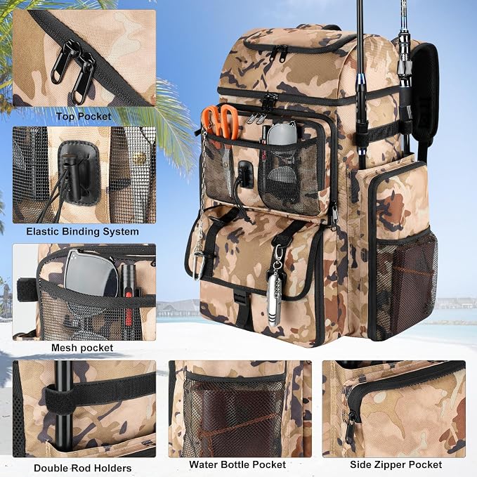 VJI Fishing Tackle Backpack with Rod Holder, Large Tactical Backpack, Fishing Gear Tackle Box Tactical Backpack, Water Resistant Sport Bag and Equipment