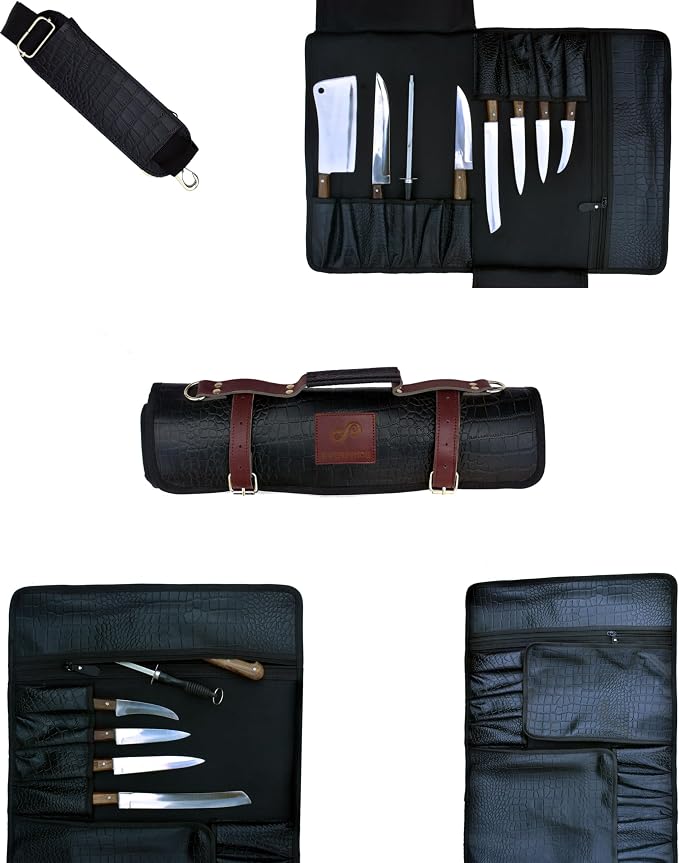 EVERPRIDE Gorgeous Leather Croc Pattern Premium Leather Chef Knife Roll Bag. Professional Grade Lovely Gift for Chefs Hunting Knives and Home Storage