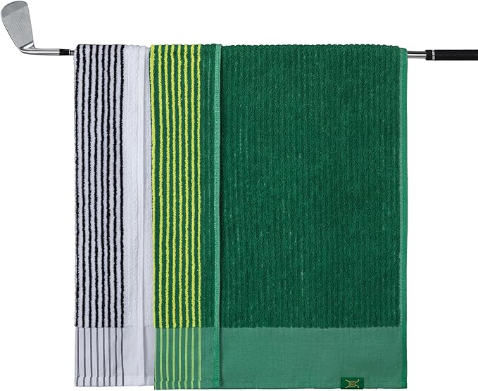 Handy Picks Caddie Golf Towel, Extra Large 44” x 22” Caddy Towel for Tour Professionals, Selected Soft Cotton, Absorbent with Professional Edge Finishing (White/Green, Pack of 2)