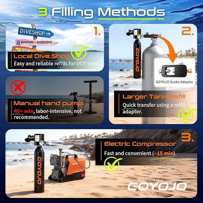 GOYOJO Mini Scuba Tank with DOT Certified, Portable Scuba Diving Kit with Optional Snorkel Mask Combo, Refillable Emergency Backup Pony Bottle for Snorkeling, Underwater Breathing, Training