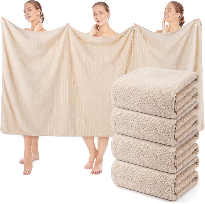 SmoothNovelty 4 Pack Bath Sheets 40 x 80 Inch Oversized Jumbo Extra Large Towels Quick Dry Coral Fleece Absorbent Soft Lightweight XL Shower Towels for Home Gym Travel Beach Spa Pool Hotel (Beige)