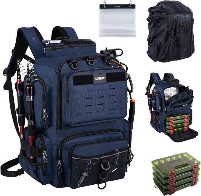 Goture Fishing Backpack with 4 Tackle Boxes,900D Water-Resistant Tackle Backpack with Rod Holders,SBS Zippers,45L Large Tackle Storage Gear Bag with Rain Cover,Bottle Holder for Travel Camping Hiking