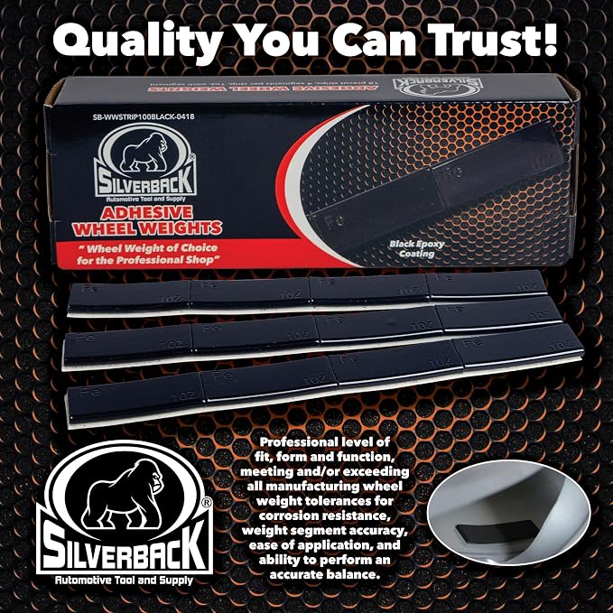 Silverback 1.0oz Black Steel Adhesive Tape Wheel Weights with Easy Peel Tape for The Professional Tire Dealer. Cars, Trucks, SUV's, & Motorcycles. Black1.0oz Steel Tape Weight. 72pcs