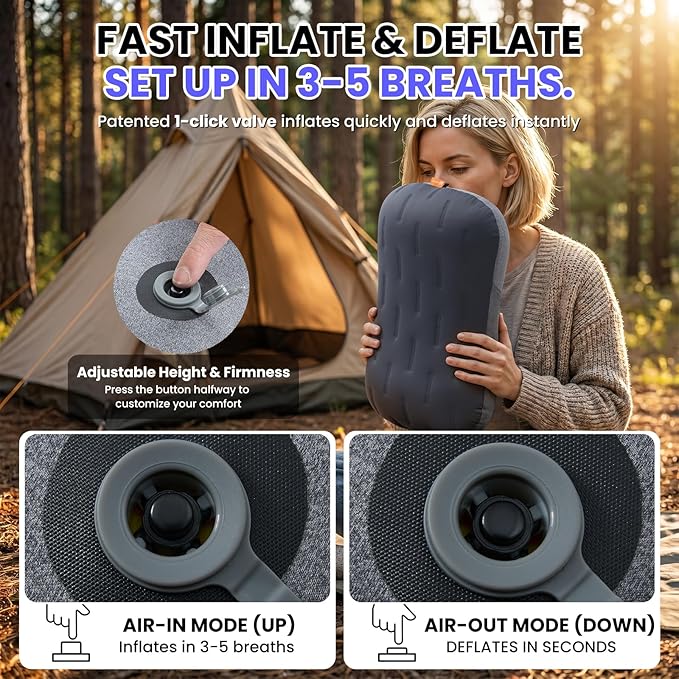 Inflatable Camping Pillow - Ultralight Compact Air Pillow for Travel, Backpacking & Hiking - Ergonomic Neck & Lumbar Support - Portable Inflatable Pillow with Removable Washable Cover - (Grey 2 Pack)
