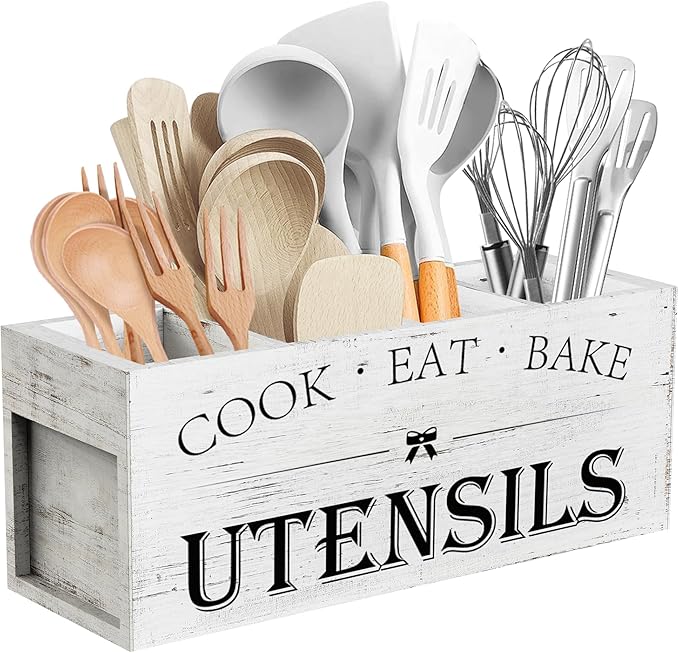 Suli Extra Large Kitchen Utensils Holder with 4 Compartments, Wooden Utensil Organizer for Kitchen Countertop, Farmhouse Decor, Rustic Cooking Utensil - White grain