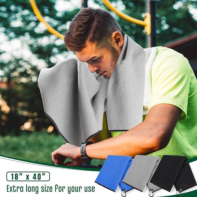 Batiyeer 3 Pack Caddy Golf Towels Summer Gifts Large Caddy Towel for Bags Waffle Pattern with Carabiner Clip Ultra-Absorbent Golfing Gear for Men(Black,Blue,Grey,18 x 40 Inch,Classic)