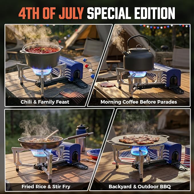 BIG HORN OUTDOORS Butane Camping Stove, Portable Folding Gas Burner with Carry Bag for Camping, Emergency Use, Outdoor Cooking & 4th of July Parties