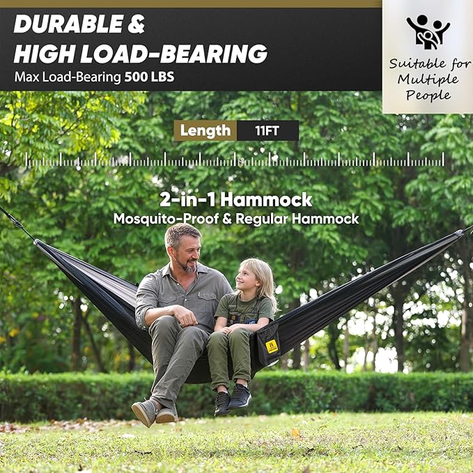 Camping Hammock with Mosquito Net, 500 lbs Portable Hammock with Tree Straps, 2-in-1 Double/Single Travel Hammock Tent for Outside/Indoor/Backpacking/Beach - Black & Grey