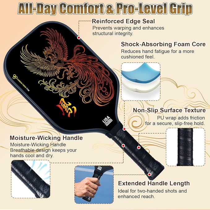 Pickleball Paddles Set of 2 – Lightweight T700 Carbon Fiber Pickleball Paddles, Durable 2 Paddles + 4 Outdoor Balls + Bag, Best for Beginner & Pro