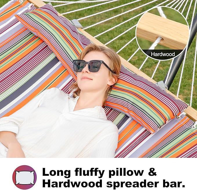 GAFETE Hammock 2 Person Quilted Fabric Hammocks for Outside, Double 12ft Hammocks with Spreader Bar, Large Removable Pillow, Storage Bag, Carabiners, Max 475 lbs Capacity (Canyon Sunset)