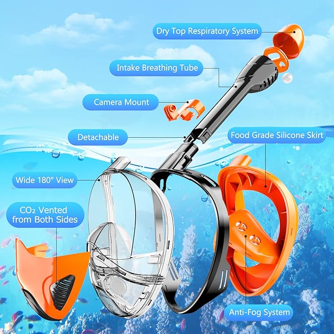 Full Face Snorkel Mask for Adults Teen, Snorkeling Gear with Detachable Camera Mount, Panoramic 180° View, Anti-Fog Anti-Leak Snorkling Set for Man and Women