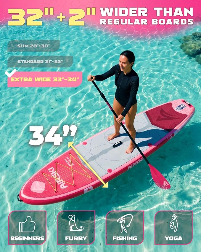 11'x34'' Extra Wide Inflatable Paddle Board, Stand-up Paddleboard for Adults, 420lb Capacity, Anti-Slip EVA, Stand-up Paddle Board for Yoga/Fishing/Family, US Fin, High-Pressure Pump, 100L Bag