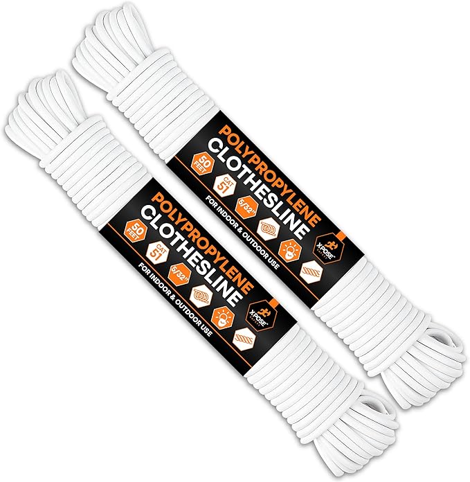 Plastic Clothesline Rope 5/32" x 50 FT, 2 Pack White Outdoor Clothes Line for Hanging and Drying Laundry, Weather Resistant Braided Plastic Laundry Line, Synthetic Cord for Clothesline Pulley