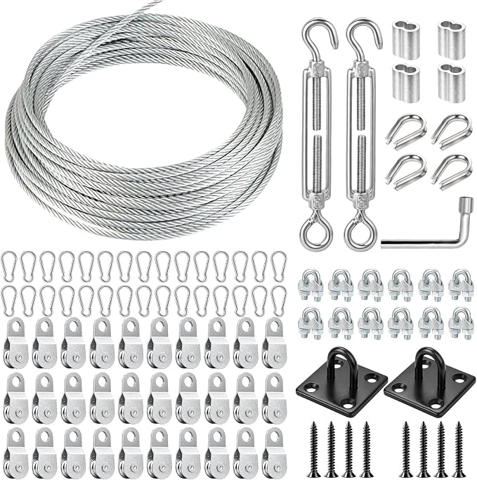 10FT Batting Cage Cable & 30 Pulleys & 30 Spring Hooks Kit, Heavy Duty Retractable Batting Cage Netting Net Wire Tension Hanging Kit, Batting Cage Frame for Indoor & Backyard, DIY Baseball