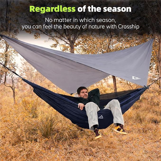 Camping Hammock with Mosquito Net and RainFly Tarp - 2 Person Hammock, Portable Parachute Nylon Hammock for Outdoor, Hiking, Backpacking, Backyard, Travel (Up to 500lbs) - Midnight Blue