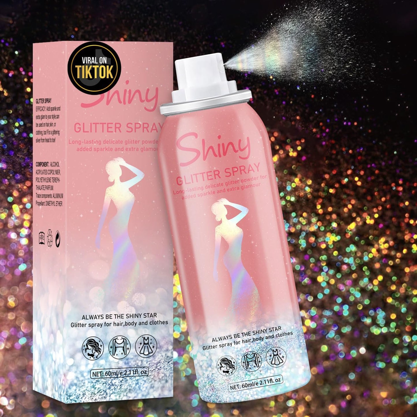 Hair and Body Glitter Spray, Holographic Glitter Highlighter Powder, Hairspray for Clothes, Face Body Shiny Glitter, Loose Shimmer Hairspray Festival Rave Prom Accessories, 2.11 Fl Oz (Rainy-Rainbow)