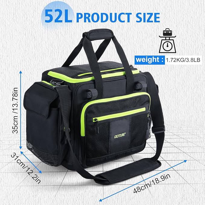 Goture Large Tackle Bag,600D Water Resistant Saltwater Fishing Gear Bag with IPX5 EVA Bottom,SBS Zippers,Store Up to 6PCS 3700 Plus 3PCS 3600 Tackle Trays(Not Included),Fishing Gifts for Men-Black