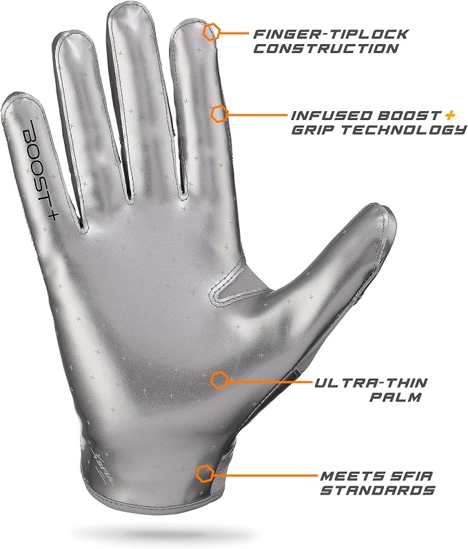 Grip Boost Football Gloves - Solid Stealth 6.0 Boost Plus Sticky Technology - Adult and Youth Football Gloves for Wide Receiver - Men's and Boys Sizes