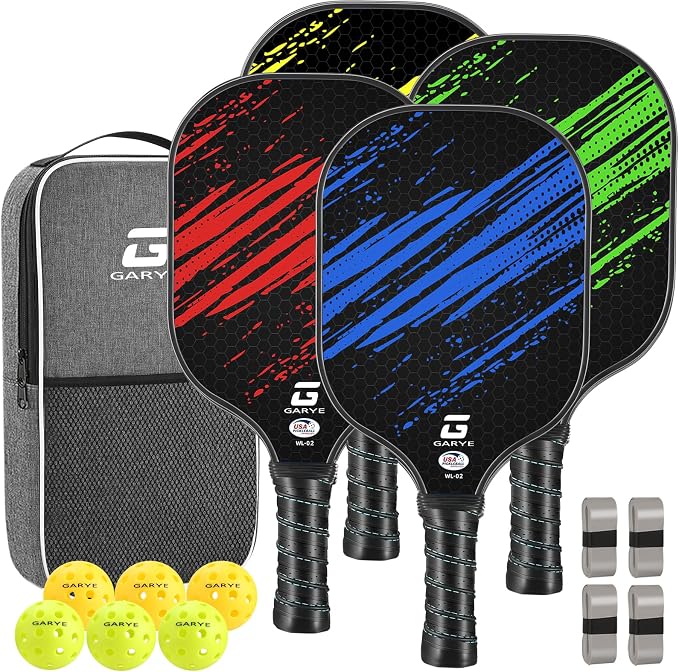 GARYE Pickleball Paddles Set of 2 or 4, USAPA Approved Carbon Fiber Pickleball Set, Lightweight Pickle Ball Rackets 2 Pack with 6 Balls, 1 Bag, Pair of Grip Tapes, Pickle Ball Paddle for Men and Women