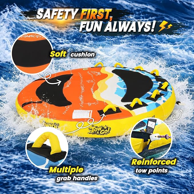 Heavy-Duty Towable Tube for Boating, Boat Tubes with Nylon Cover, Inflatable Water Sport Towables with Front Back Tow Points, Super Round Design