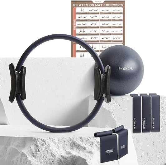 PhysKcal Pilates Kit, 15-Inch Pilates Ring with 1x Core Ball, 3X Resistant Loops and 2X Flex Bands, Home Pilates Equipment Set and Mat Pilates Essential Kit