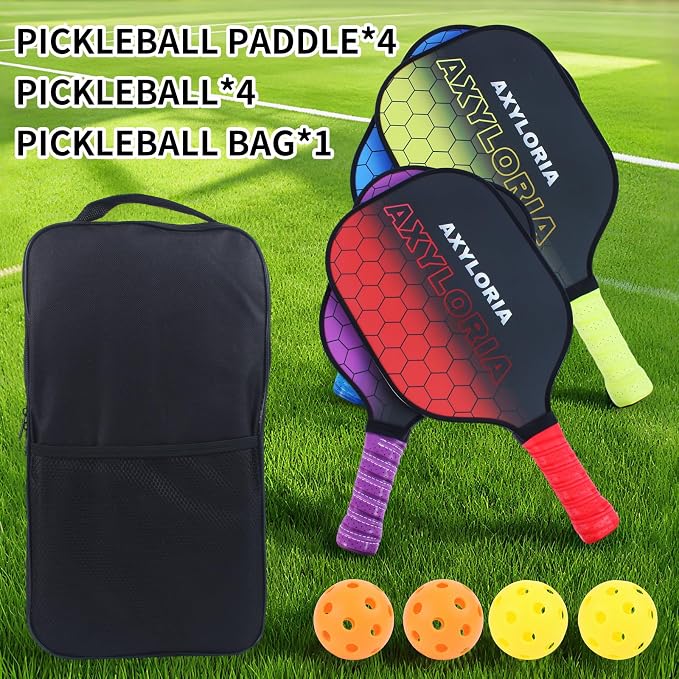 Pickleball Paddles Set of 4, USAPA Approved Pickleball Set with 4 Assorted Colors, Fiberglass Surface with Honeycomb Core, Includes 4 Paddles, 4 Balls, 1 Bag, for Tournament and Group Play