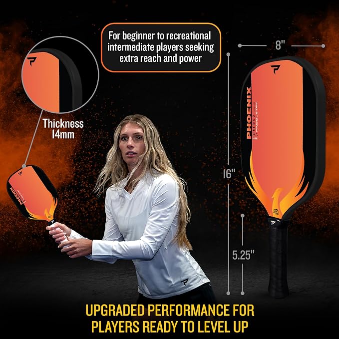 Paddletek Phoenix Genesis 2 – 14mm Pickleball Paddle – Fiberglass Composite Face – Easy Power & Soft Feel – USAPA Approved Pickle Ball Paddle – 5.25 Inch Handle